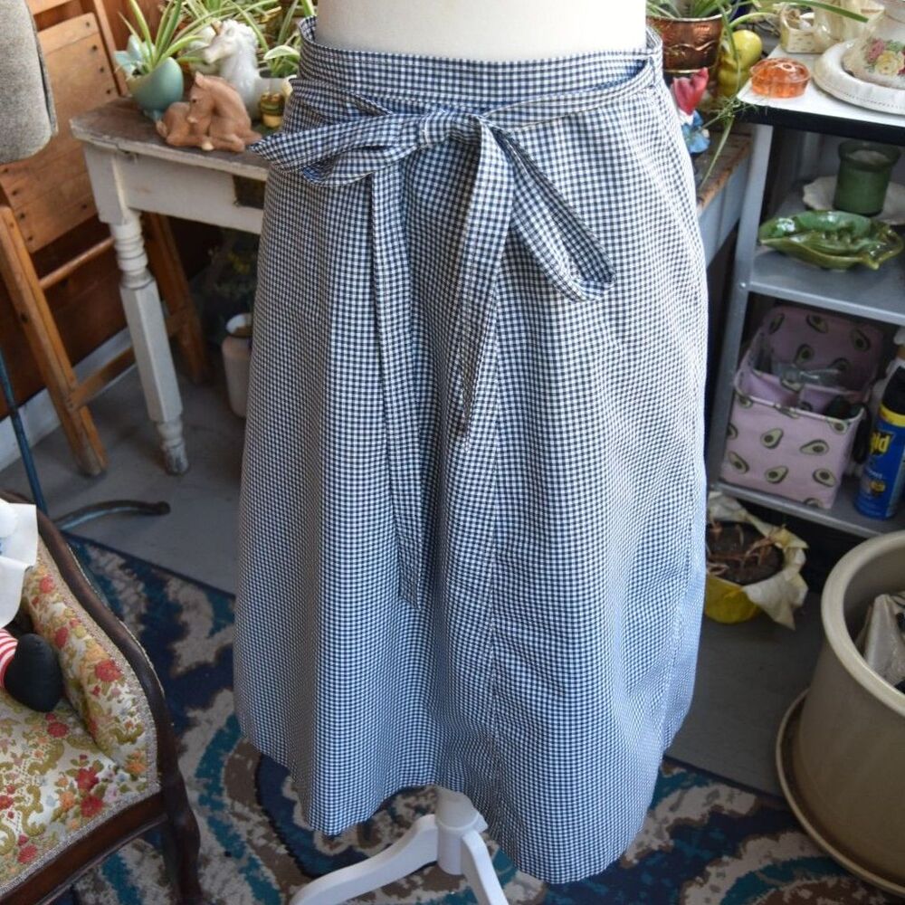 Vintage 80s Saks Fifth Avenue Gingham Wrap Skirt Navy White Size Medium